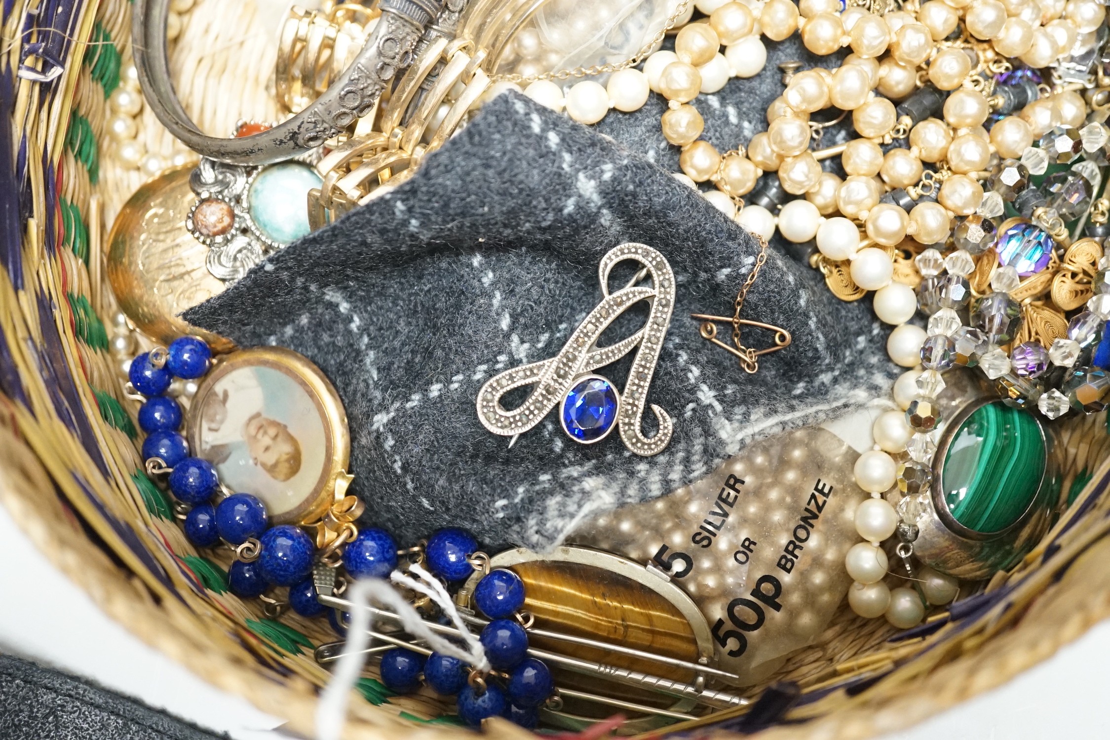 Assorted jewellery including mainly costume, including lapis lazuli necklace, gold plated half hunter pocket watch etc.